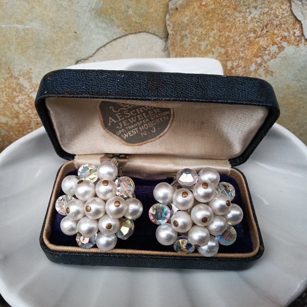 1960's Faux Pearl & A-B Stone Cluster Earrings